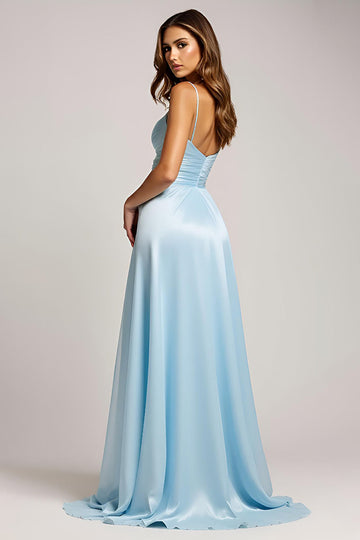 Une ligne Robe de bal longue en satin à bretelles spaghetti bleu ciel avec fente